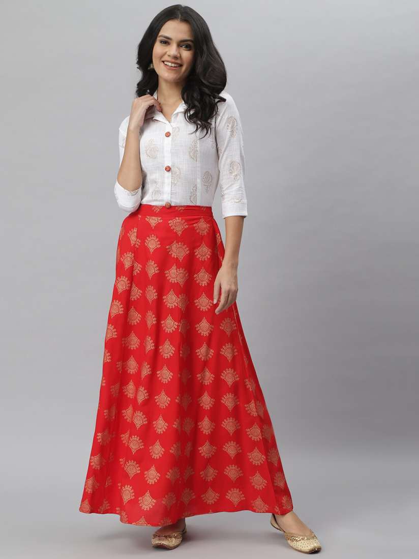 White shirt and red skirt top