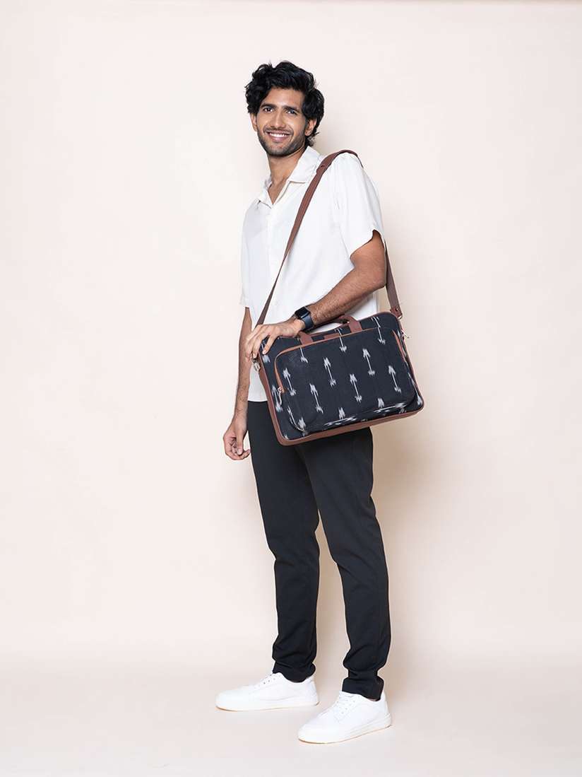Buy ZOUK Men Black White Printed Ikat Fabric Vegan Leather Laptop Bag Laptop Bag for Men 15153462 Myntra