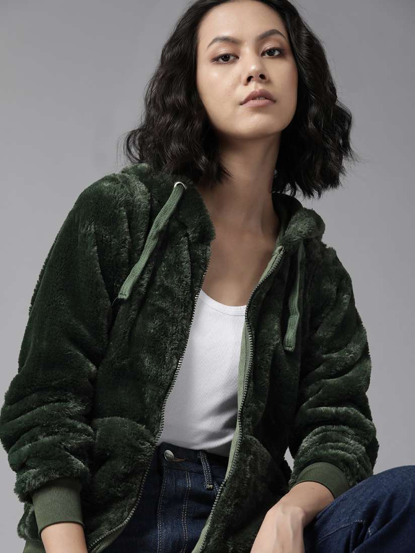 Buy The Roadster Lifestyle Co. Women Green Faux Fur Hooded Sweatshirt Sweatshirts for Women 15158556 Myntra