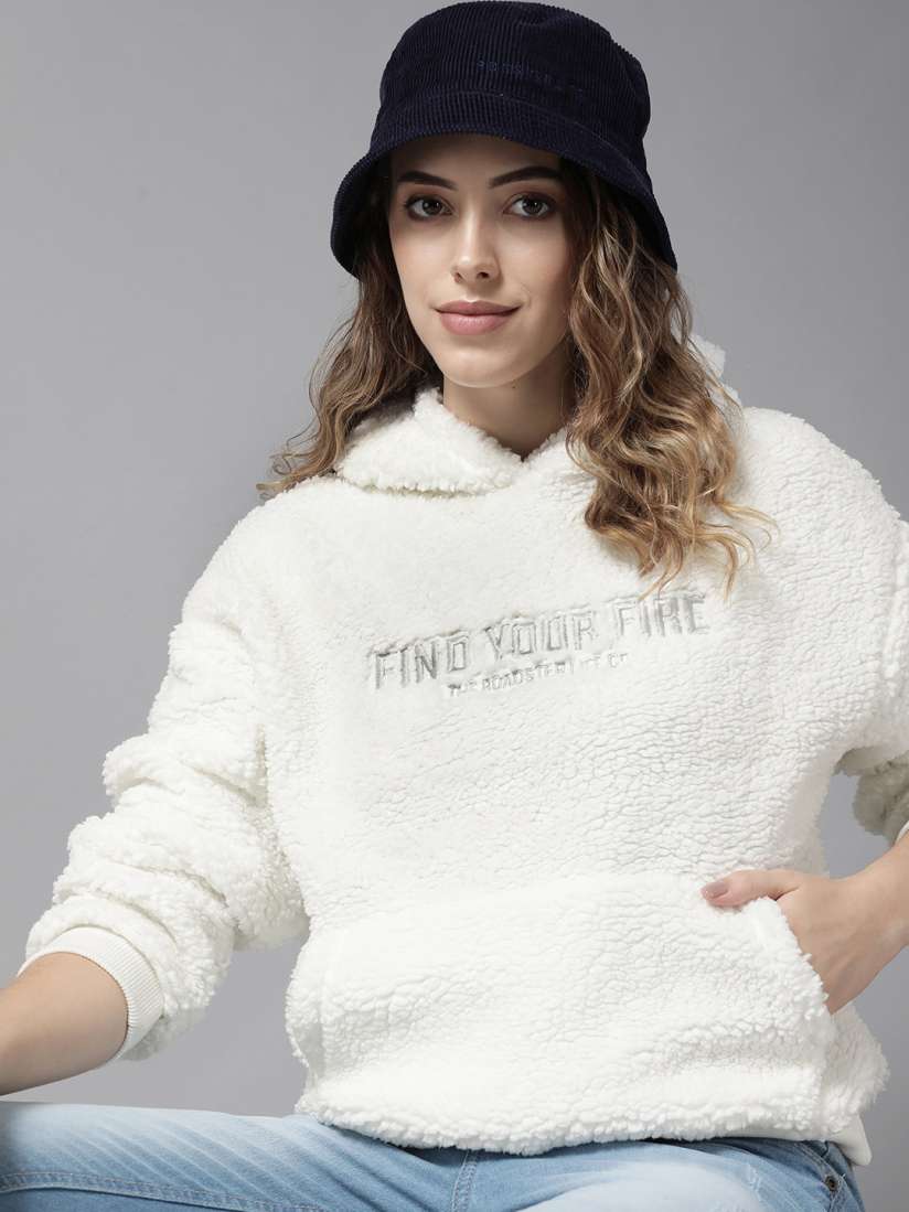 Buy Roadster Women White Embroidered Fleece Hooded Sweatshirt Sweatshirts for Women 15158870 Myntra
