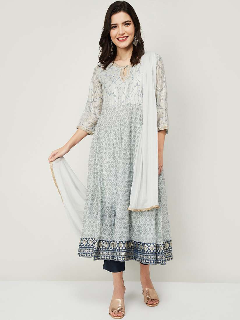 Buy Melange by Lifestyle Women Off White Floral Printed Layered Chanderi Cotton Kurti with Trousers With Kurta Sets for Women 15162696 Myntra