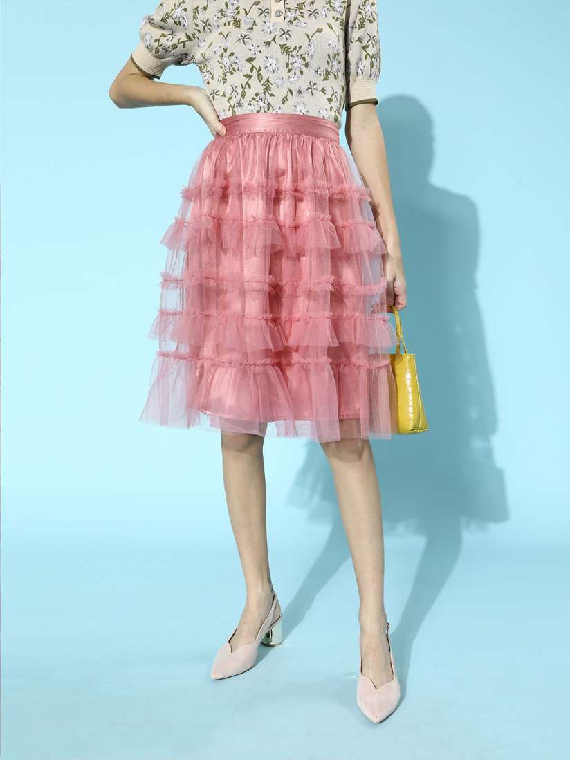 layered net midi skirt