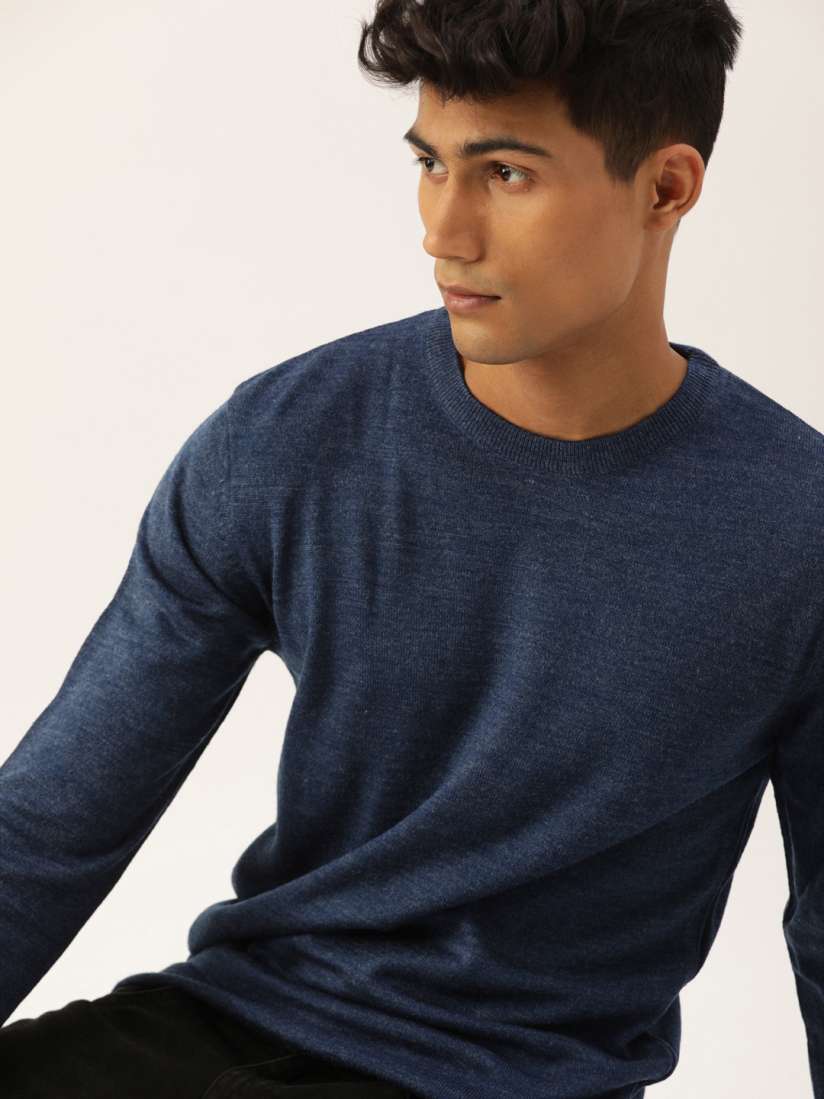 Buy SINGLE Men Navy Blue Solid Round Neck Pullover Sweater Sweaters for Men 15196436 Myntra