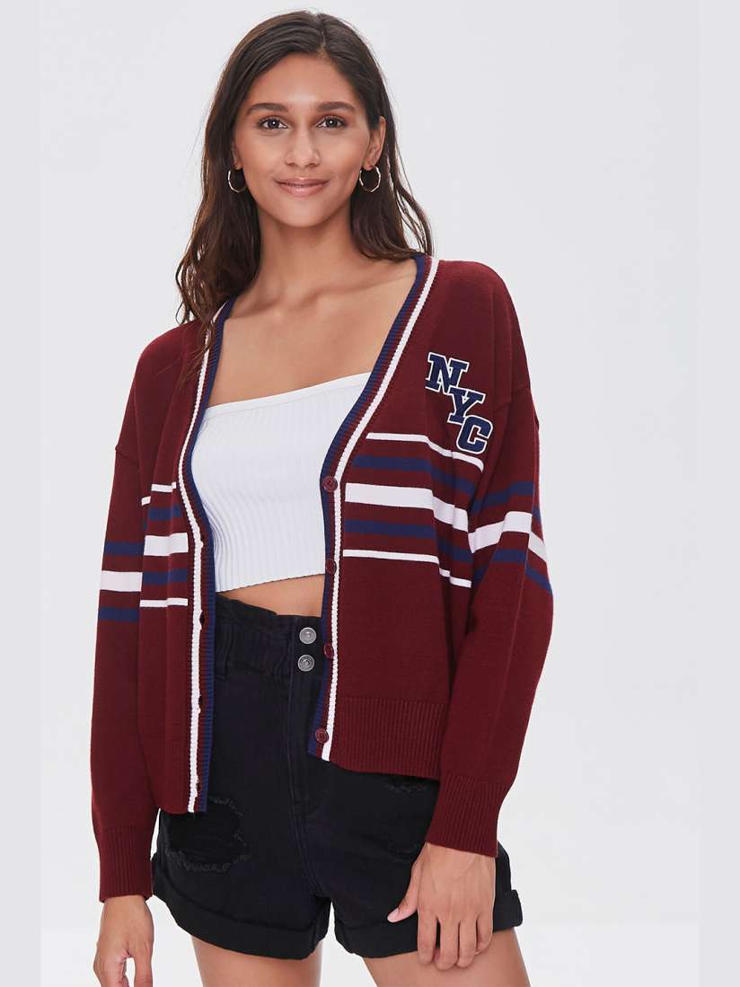 Buy FOREVER 21 Women Maroon White Striped Cardigan Sweaters for Women 15206430 Myntra