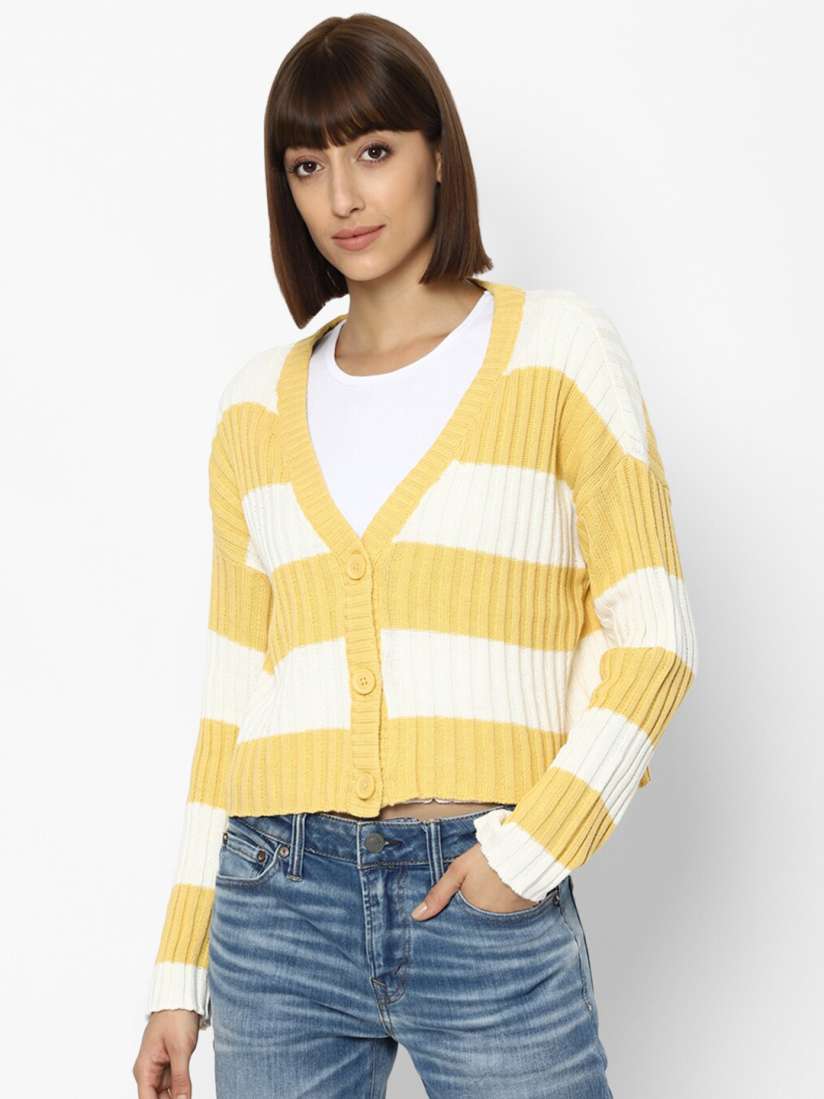 Buy AMERICAN EAGLE OUTFITTERS Women Yellow White Striped Cropped Cardigan Sweaters for Women 15220658 Myntra