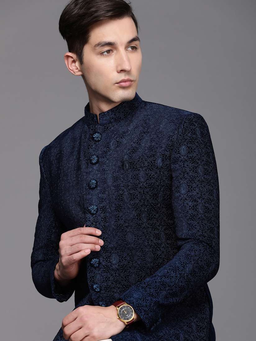 Buy Manyavar Men Navy Blue Self Design Velvet Finish Sherwani Pyjama Set Sherwani for Men 15227238 Myntra