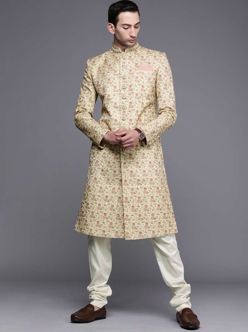 Buy Manyavar Men Beige White Floral Printed Sherwani Churidar Sherwani for Men 15227270 Myntra