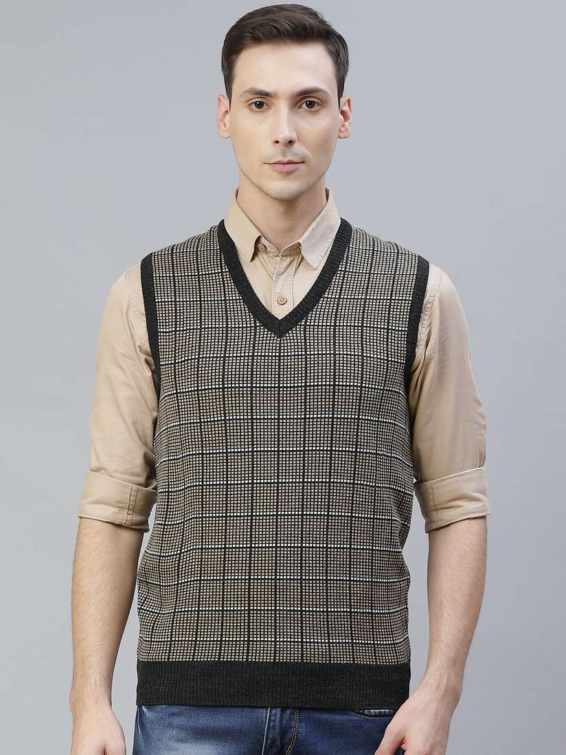 Buy Pierre Carlo Men Beige Charcoal Grey Checked Sweater Vest