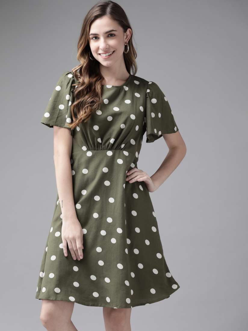 Buy Vero Moda Olive Green White Polka Dots Printed A Line Dress Dresses for Women 15239190 Myntra