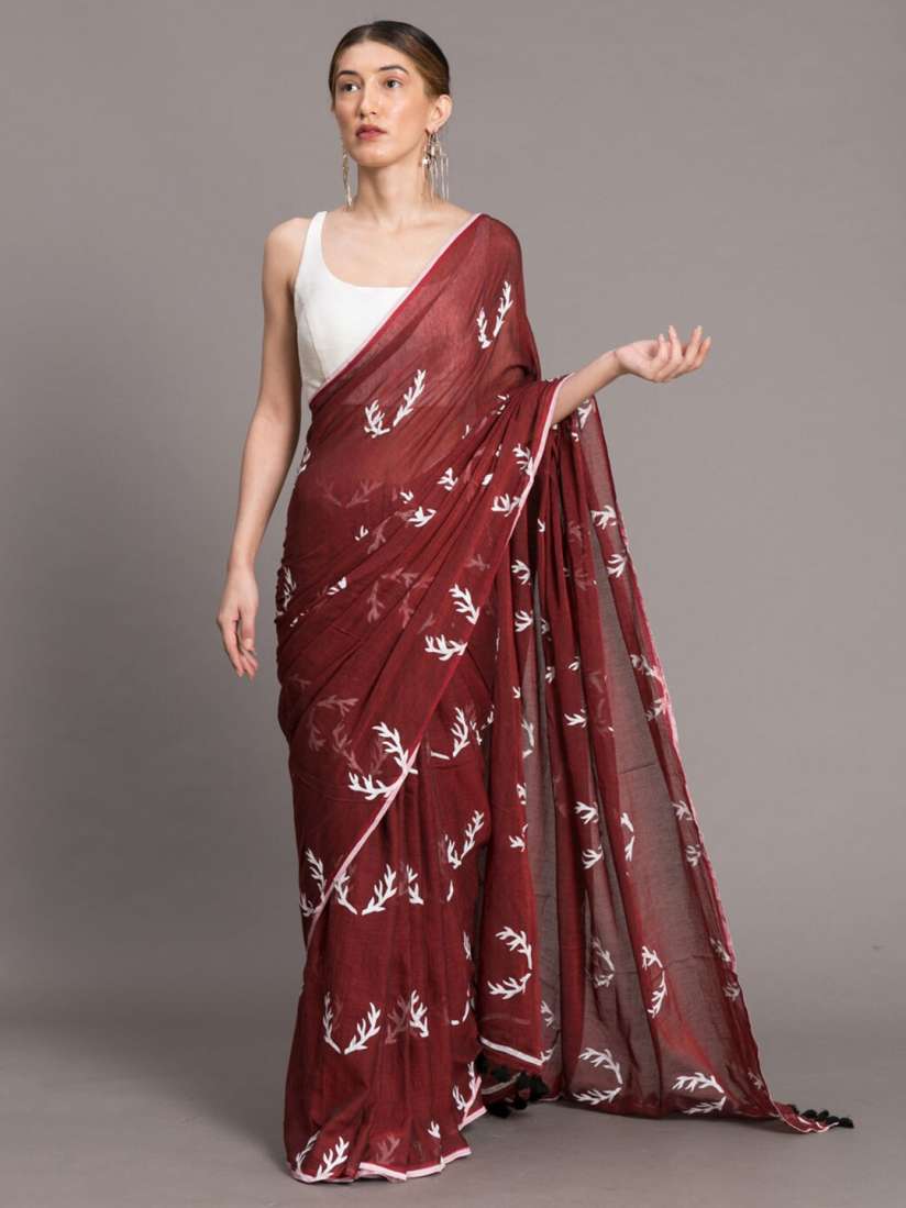 Buy Suta Maroon White Hand Blocked Pure Cotton Saree Sarees for Women 15243974 Myntra