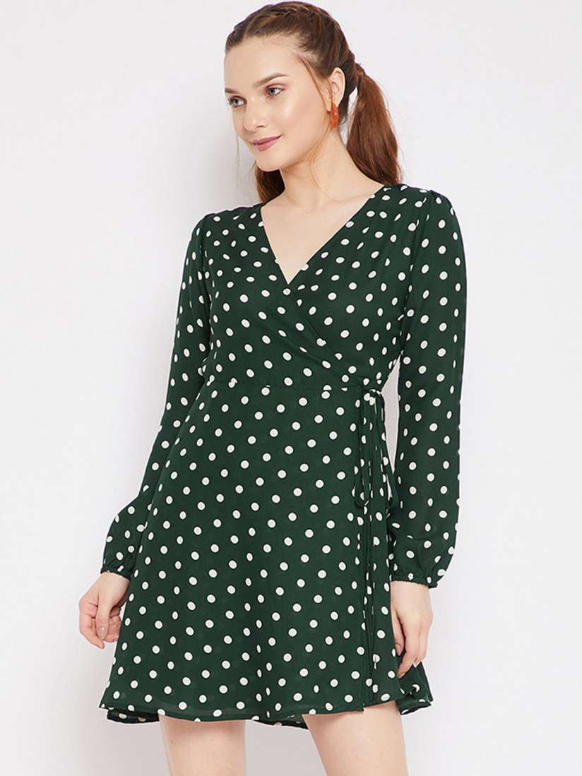 Green and white polka dot wrap dress cheap