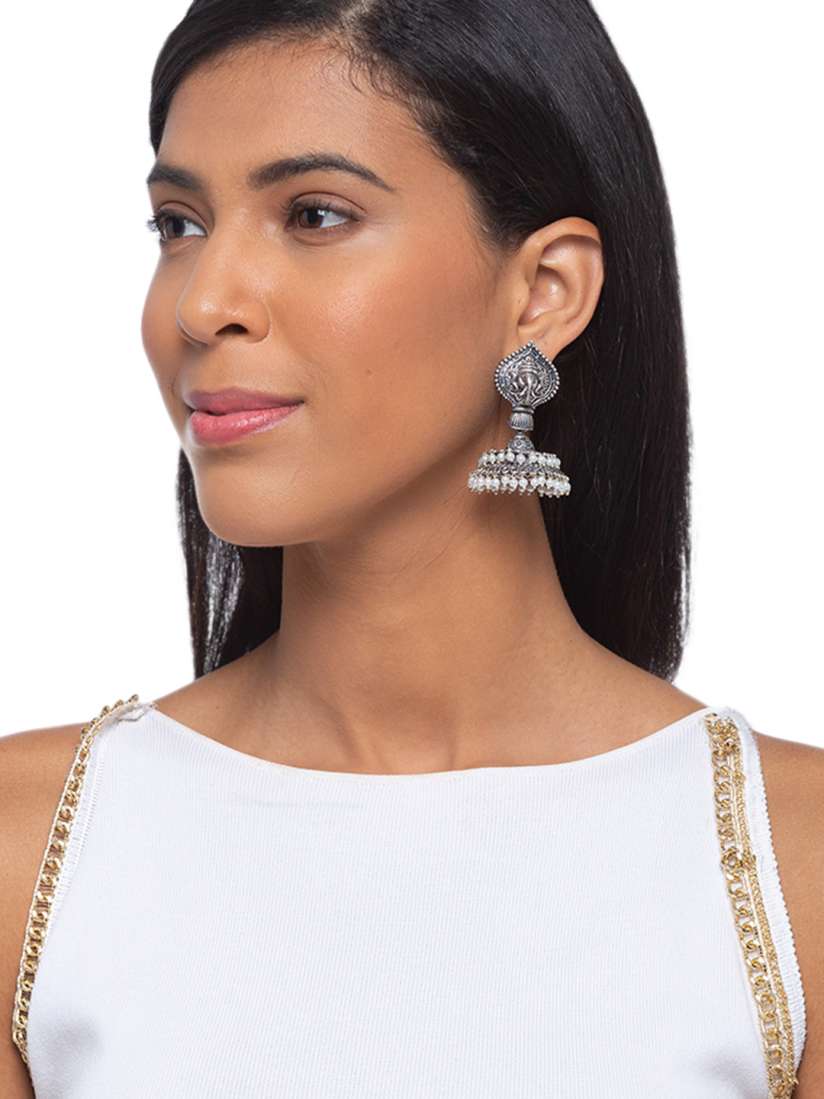 Buy Digital Dress Room Silver Plated Silver Toned White Ganesha Engraved Jhumkas Earrings Earrings for Women 15261446 Myntra
