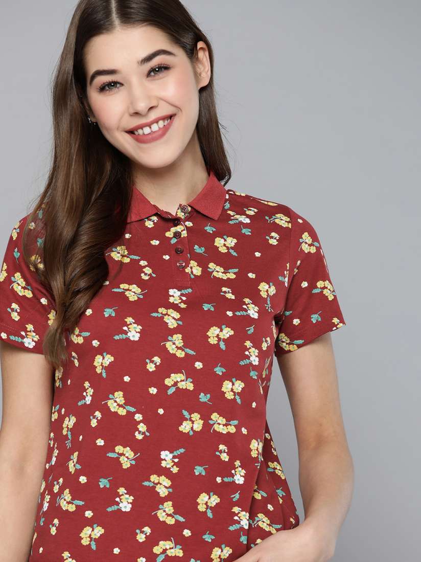 Buy Mast Harbour Women Maroon Yellow Floral Printed Cotton Polo Collar T shirt Tshirts for Women 15288124 Myntra