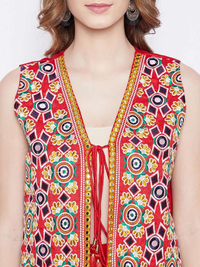 Buy TULIP 21 Women Red Phulkari Embroidered Crop Open Front Ethnic Jacket Jackets for Women 15296522 Myntra