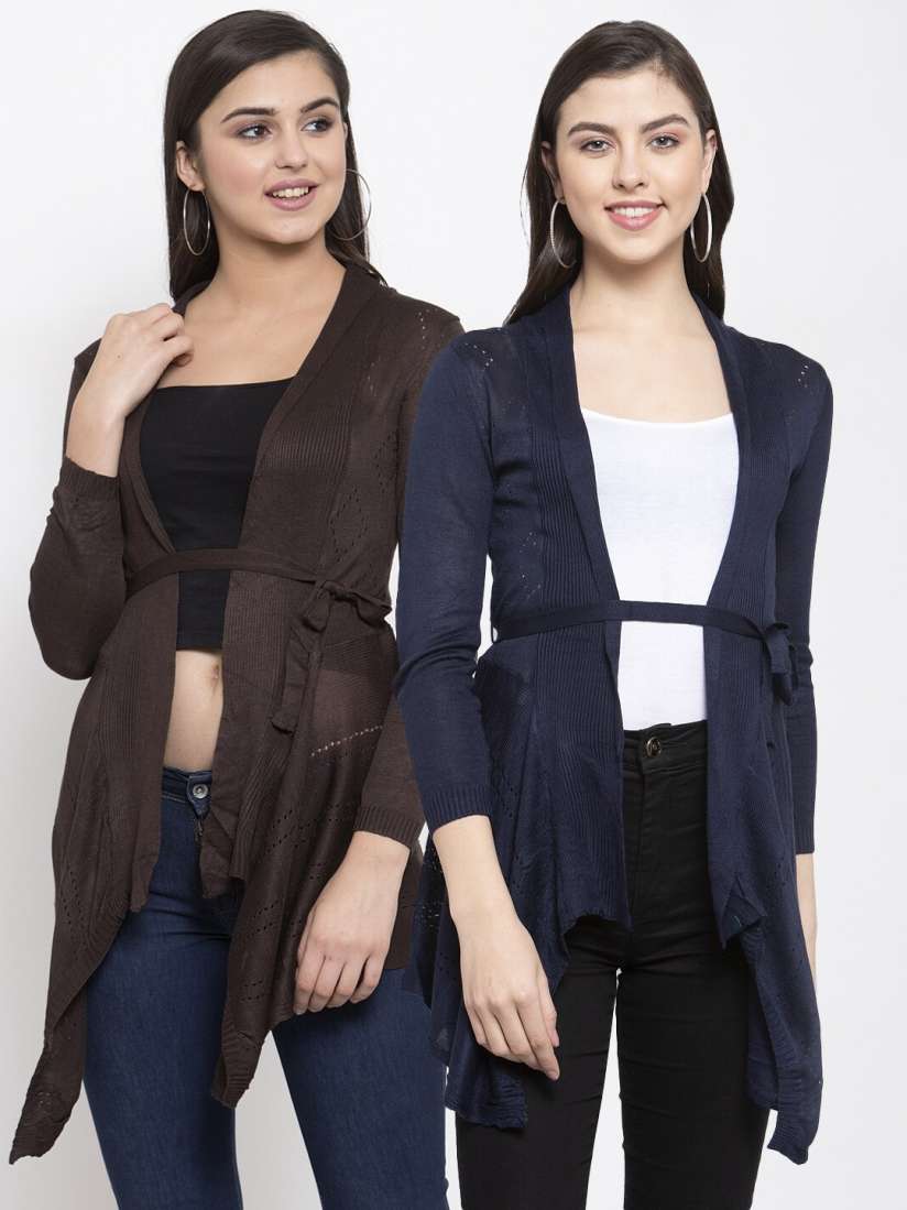 Buy KLOTTHE Women Pack Of 2 Navy Blue Brown Tie Up Shrugs Shrug for Women 15297070 Myntra