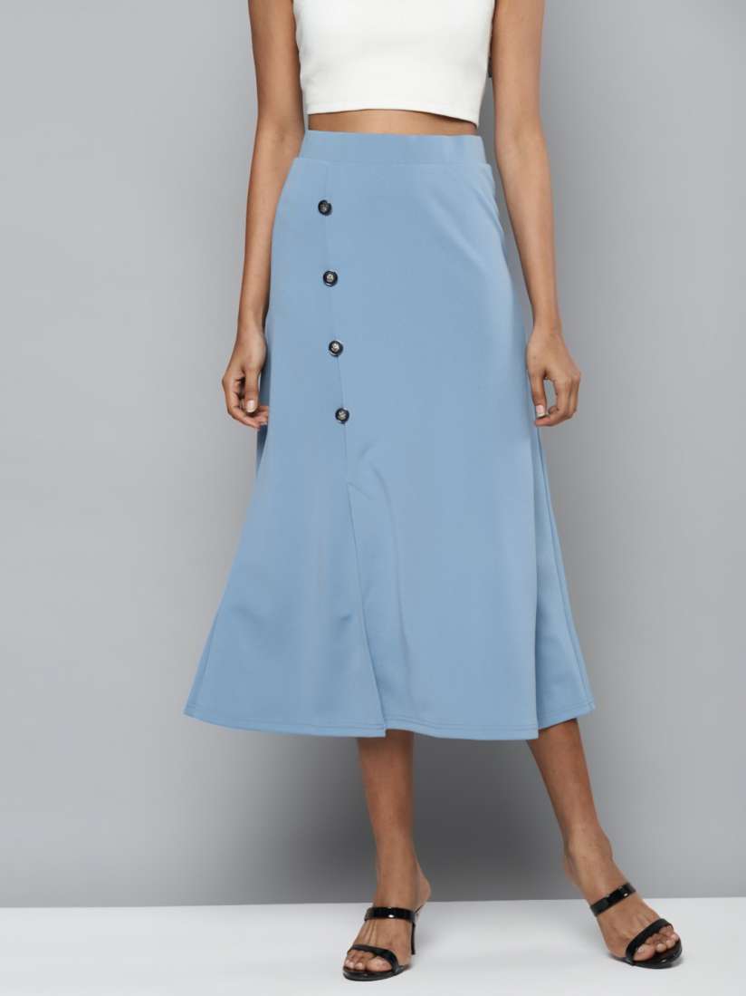Buy SASSAFRAS Women Blue Scuba Front Slit Flared Midi Skirt Skirts for Women 15301316 Myntra