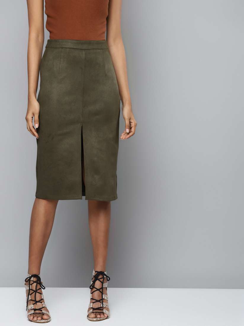 Myntra Olive Green Midi Pencil Skirt Buy FREAKINS Olive Green Pure