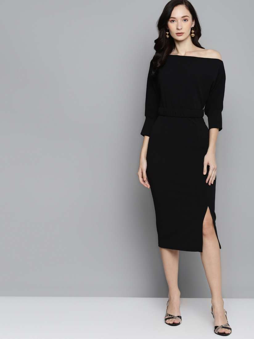 Buy SASSAFRAS Black One Shoulder Belted Drop Shoulder Midi Dress Dresses for Women 15301396 Myntra
