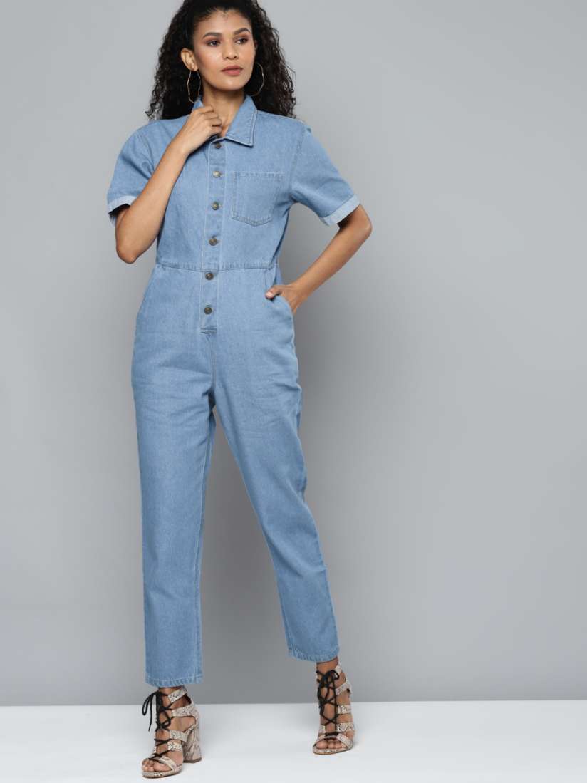 Buy SASSAFRAS Blue Denim Belted Jumpsuit Jumpsuit for Women 15301426 Myntra
