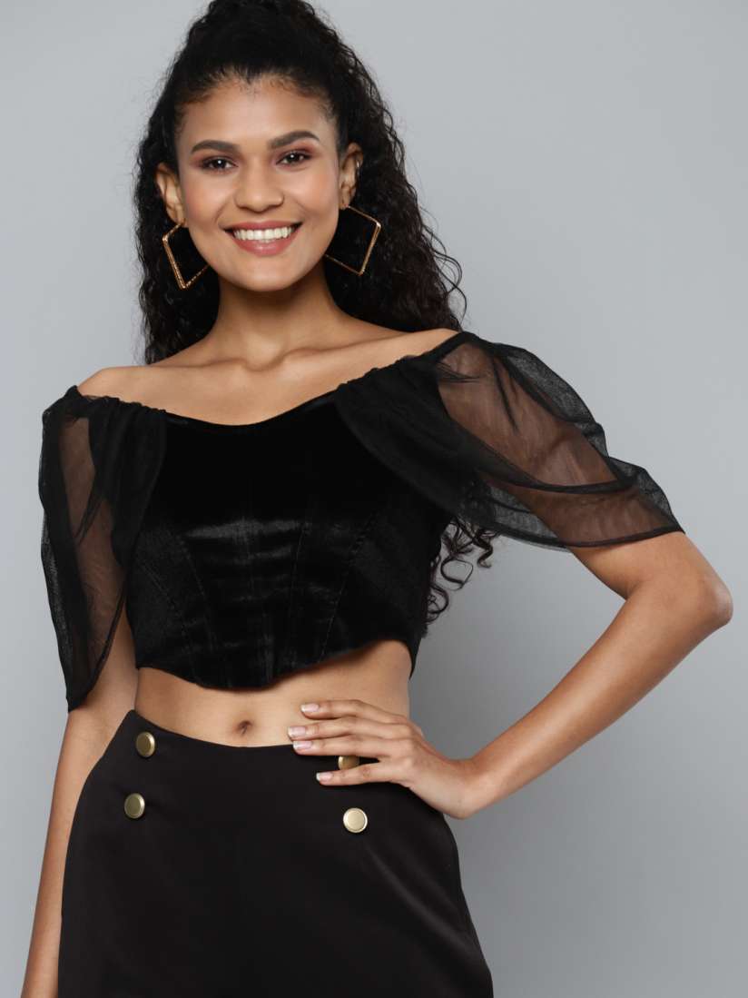 Black velvet off shoulder crop top new arrivals