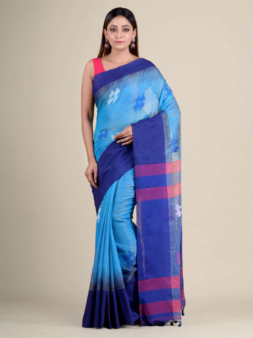 Buy Mitera Blue White Pure Cotton Handloom Saree Sarees for Women 15301748 Myntra