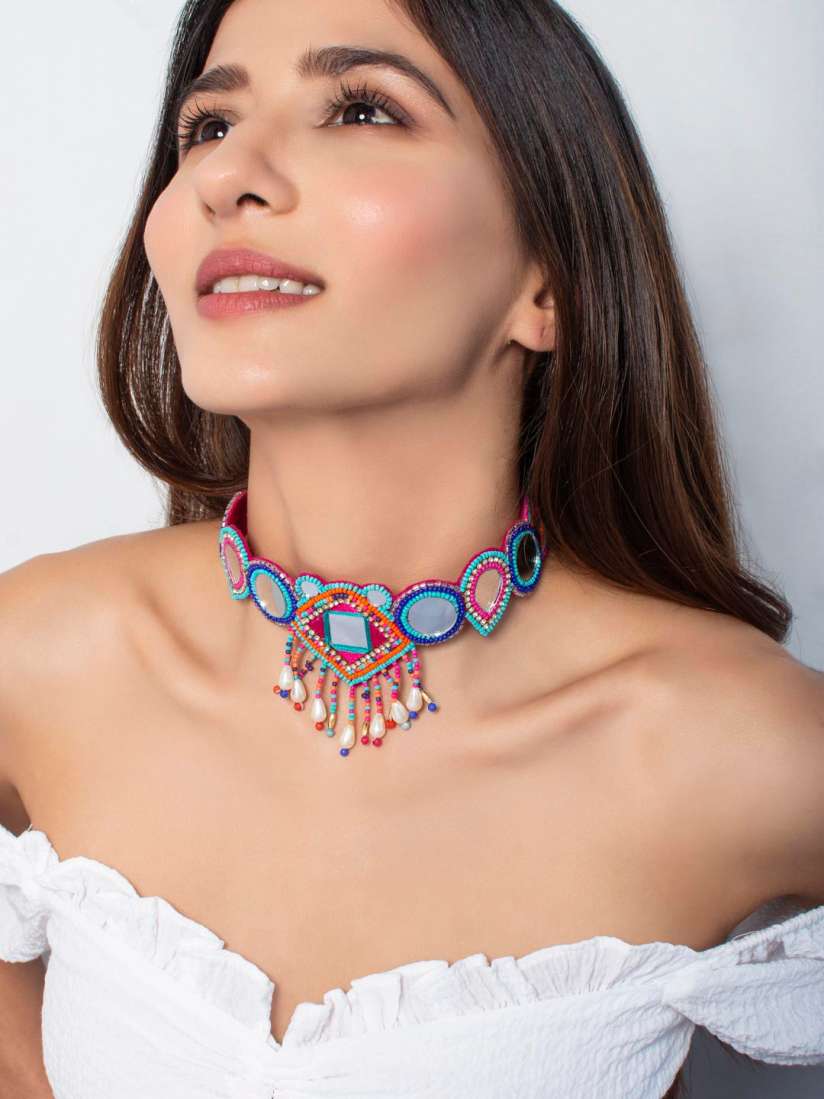 Buy Fida Multicoloured Mirror Work Beaded Choker Necklace Necklace and Chains for Women 15307430 Myntra