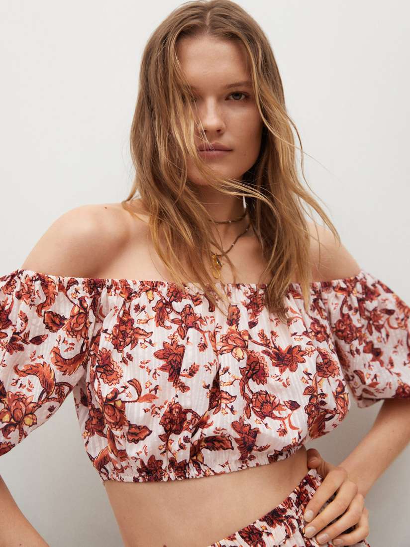 Buy MANGO Off White Rust Brown Pure Cotton Bardot Crop Top Tops for Women 15315440 Myntra