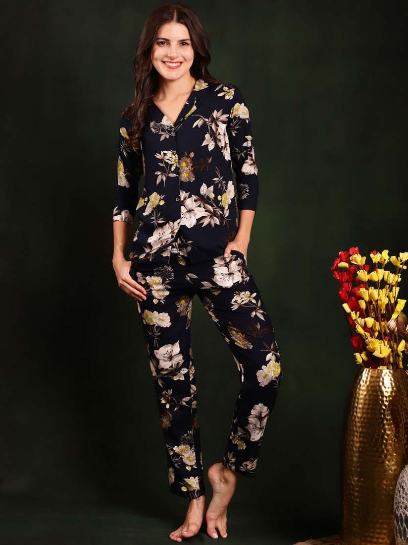 Buy Claura Women Navy Blue Beige Floral Printed Pure Cotton Night suit Night suits for Women 15318634 Myntra
