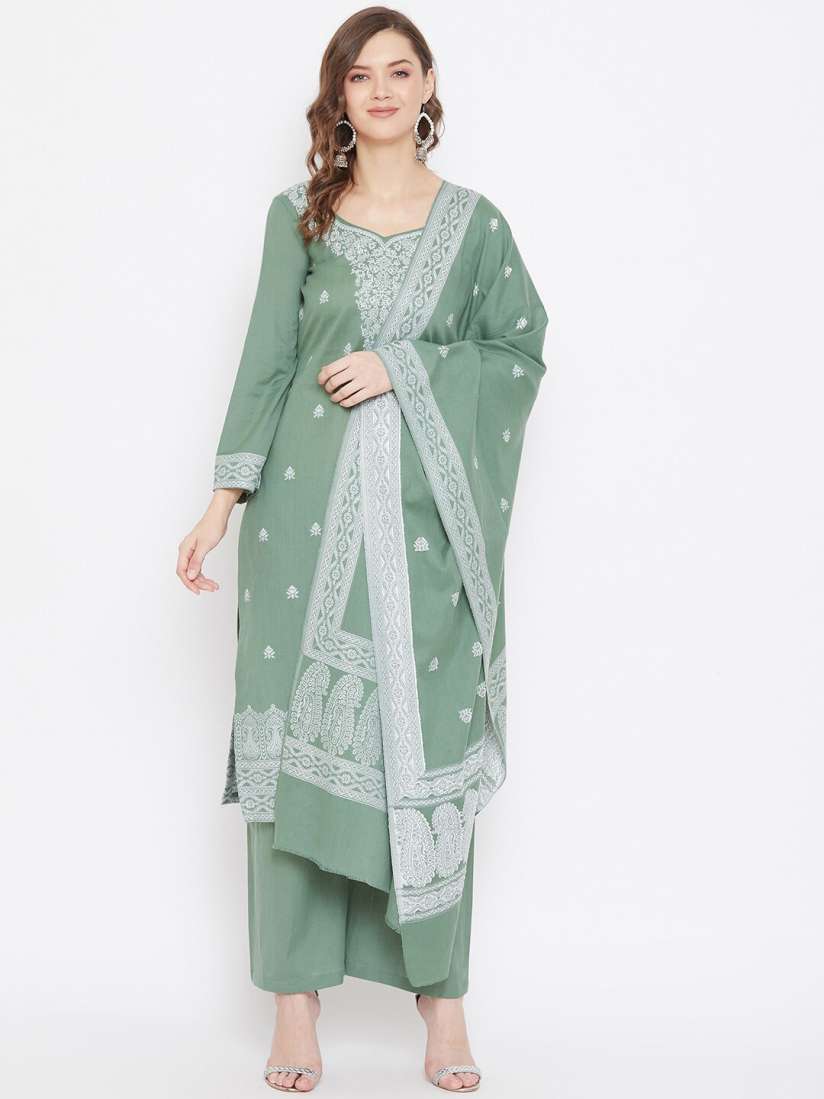Buy Safaa Women Olive Cotton Jacquard Chikankari Unstitched Suit With Dupatta Dress Material for Women 15345688 Myntra