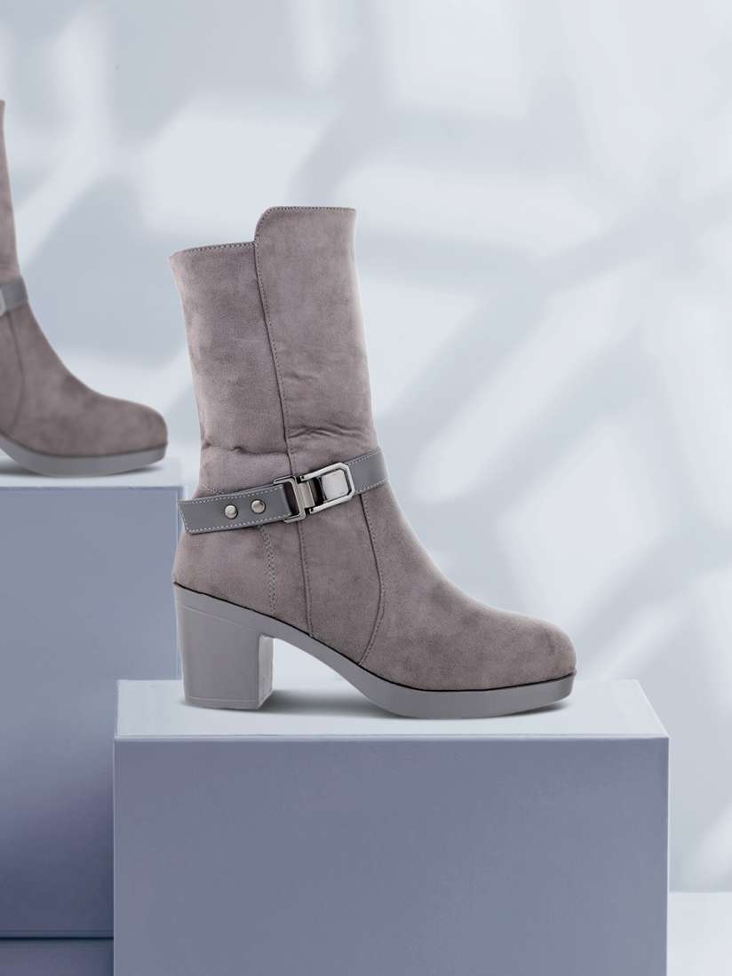 Buy SHUZ TOUCH Grey PU Block Heeled Boots with Buckles Boots for Women 15349328 Myntra