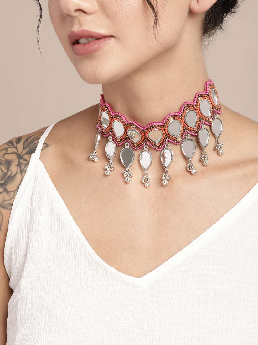 Buy Sangria Pink Red Beaded Mirror Work Choker Necklace Necklace and Chains for Women 15351232 Myntra