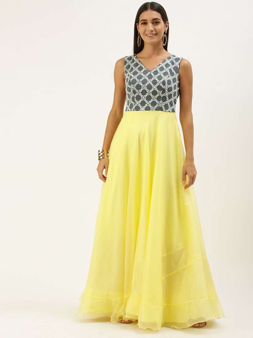 Buy Ethnovog Yellow Grey Ethnic Motifs Embroidered Layered Maxi Dress Ethnic Dresses for Women 15353548 Myntra