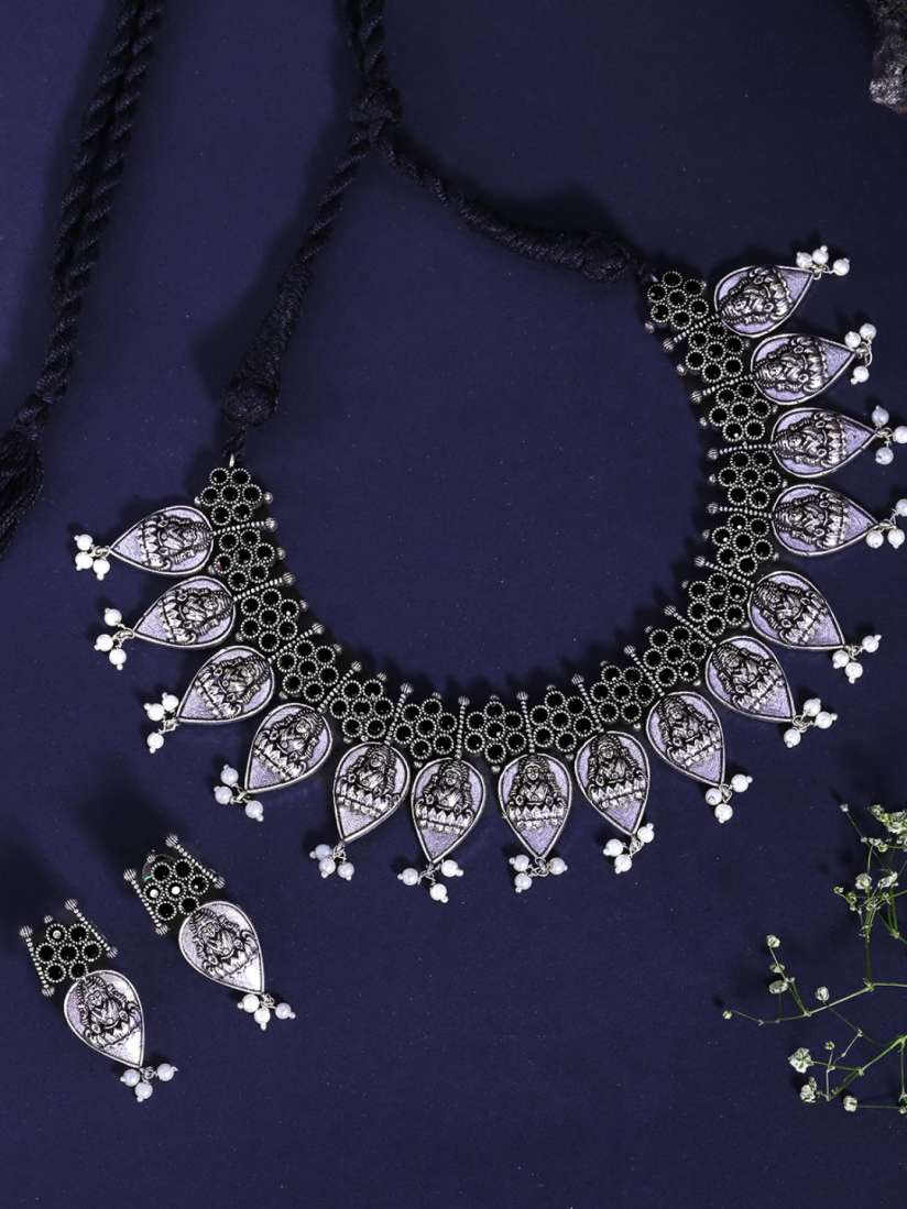 Buy Yellow Chimes Woman Oxidised Silver Stone Studded pearl Lakshmi Choker Necklace Set Jewellery Set for Women 15376076 Myntra
