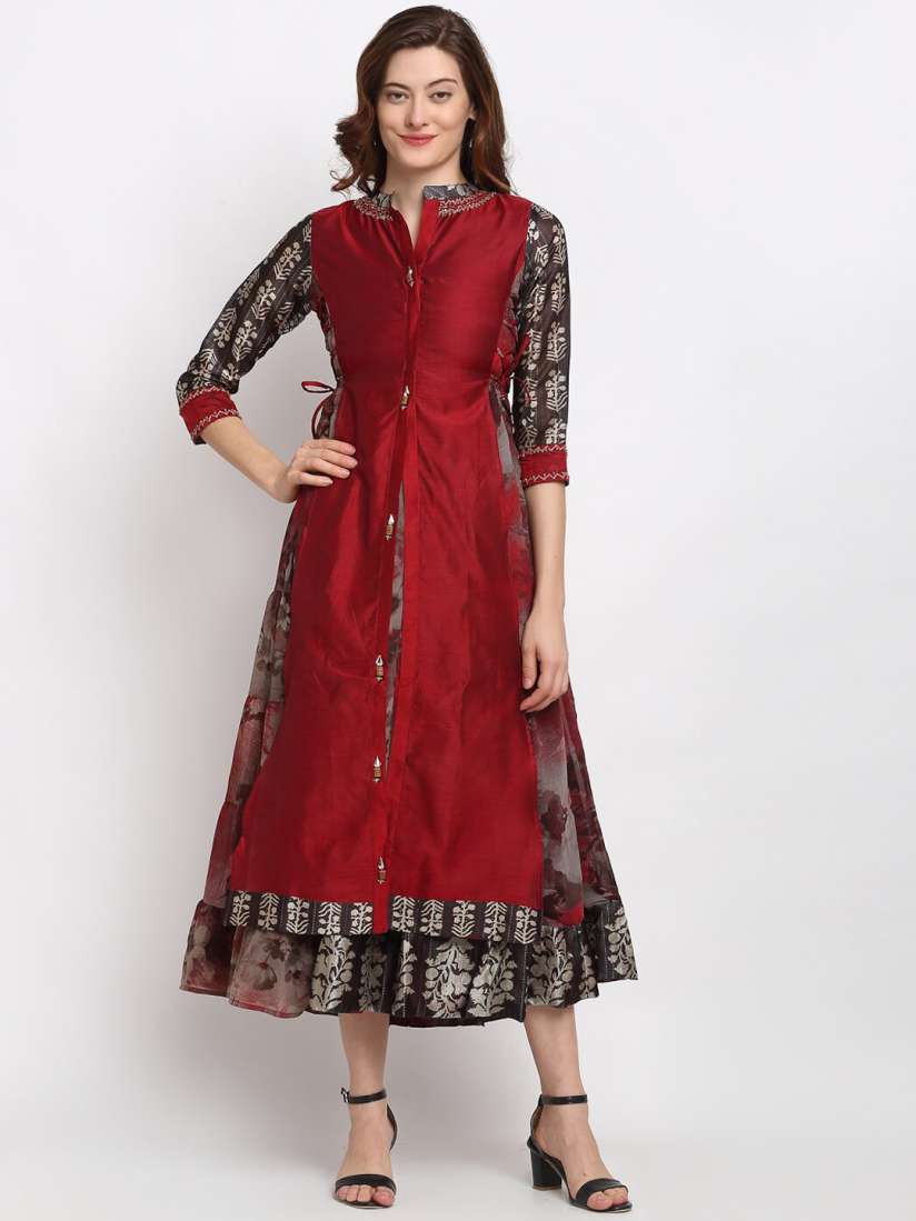 Buy Lovely Lady Maroon Brown Floral Kantha Work A Line Midi Dress Ethnic Dresses for Women 15386686 Myntra