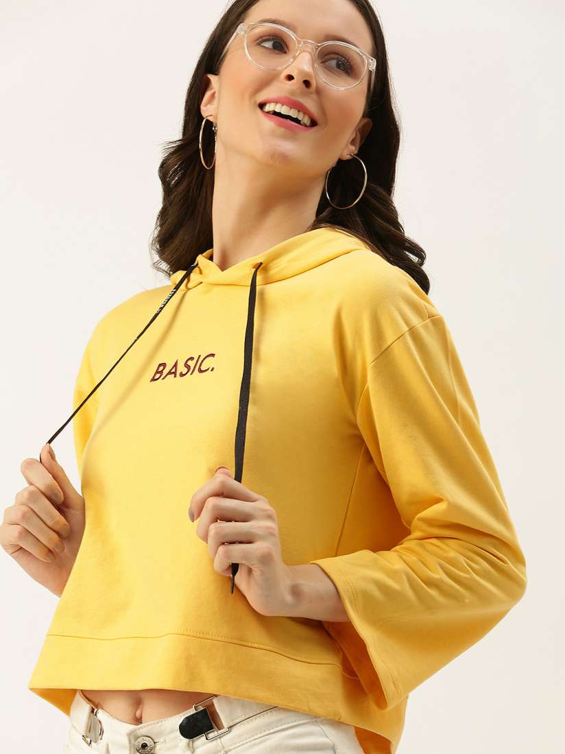 Buy FOREVER 21 Women Yellow Embroidered Crop Hooded Sweatshirt Sweatshirts for Women 15412276 Myntra