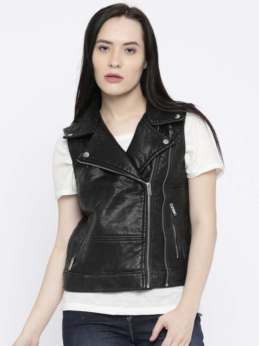 Buy Vero Moda Black Faux Leather Sleeveless Biker Jacket Jackets for Women 1541437 Myntra