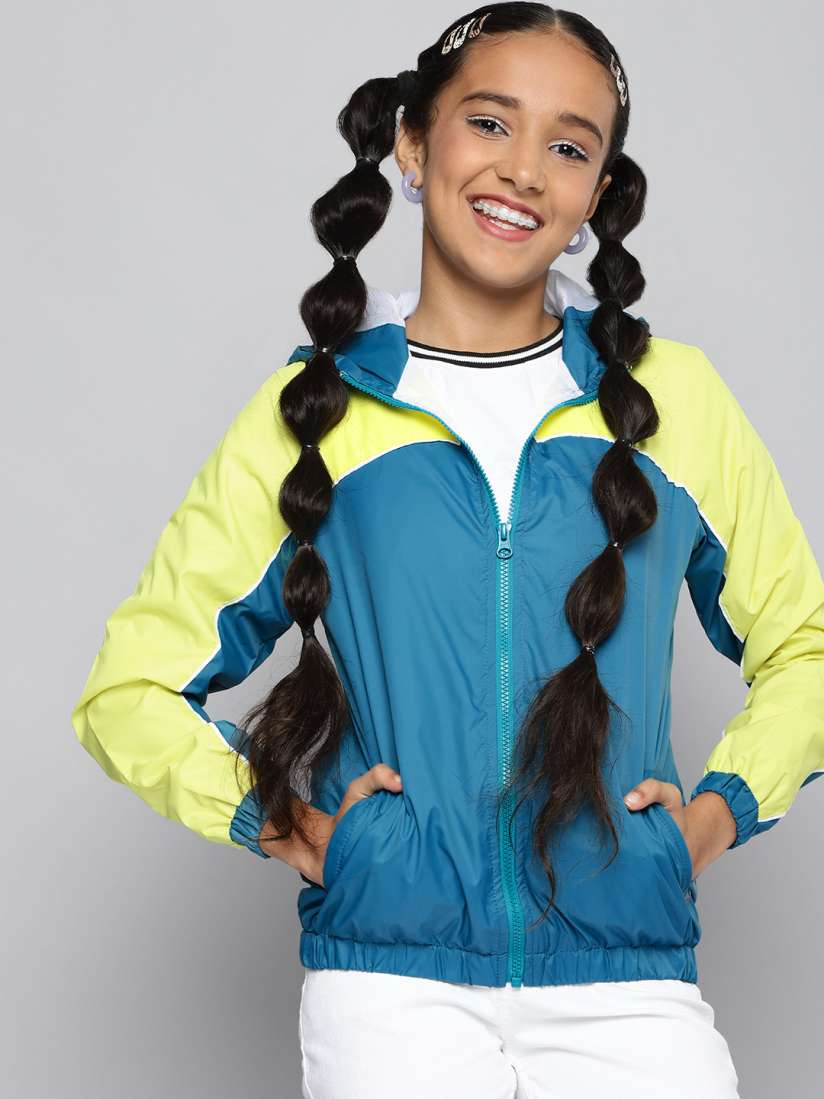 Buy JUSTICE Girls Blue Lime Green Colourblocked Tailored Jacket Jackets for Girls 15421826 Myntra
