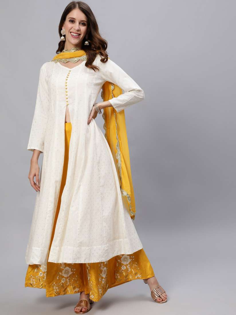 Buy Jaipur Kurti Women Off White Panelled Pure Cotton Kurta with Palazzos With Dupatta Kurta Sets for Women 15422564 Myntra