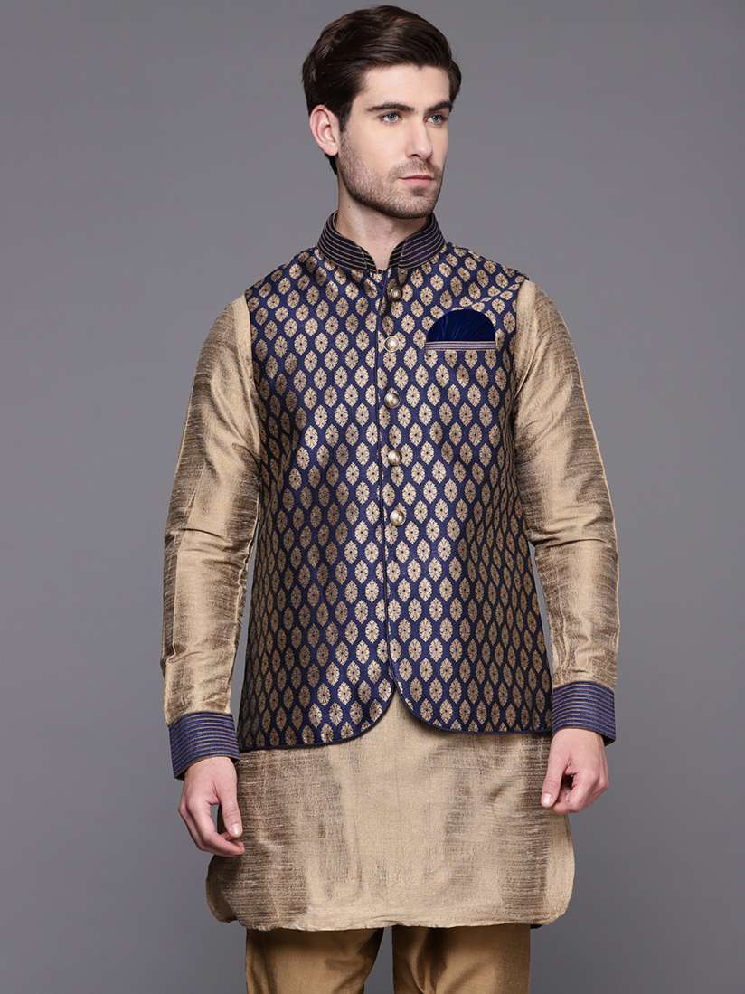 Buy Manu Men Navy Blue Golden Ethnic Motifs Woven Design Kurta with Churidar Nehru Jacket Kurtas for Men 15426544 Myntra