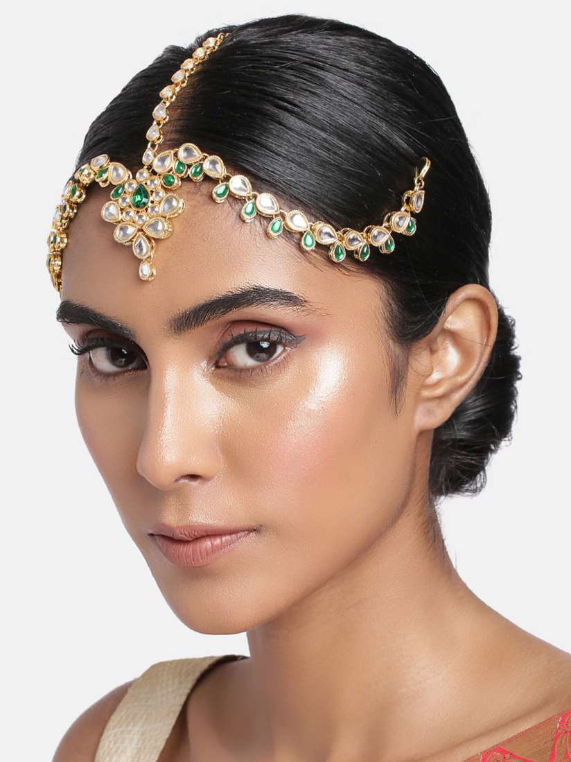 Buy I Jewels Women Gold Plated Green Kundan Studded Bridal Matha Patti Head Jewellery for Women 15442002 Myntra