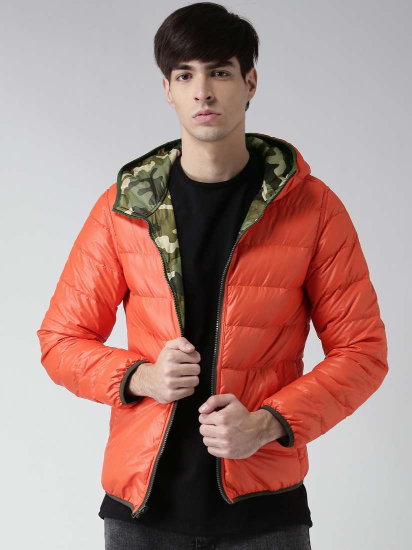 Buy Metersbonwe Olive Green Orange Camouflage Print Hooded Reversible Padded Jacket Jackets for Men 1545263 Myntra
