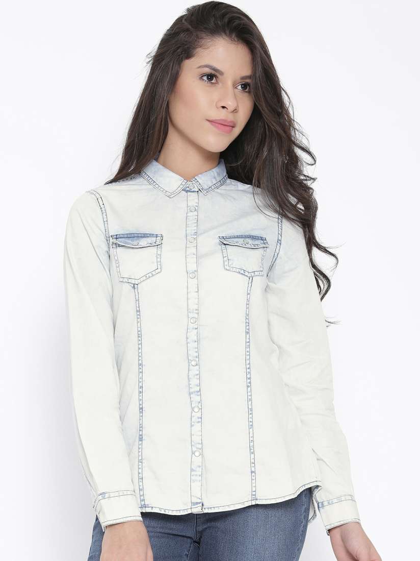Buy SF JEANS by Pantaloons Women Light Blue Faded Denim Shirt Shirts for Women 1545642 Myntra