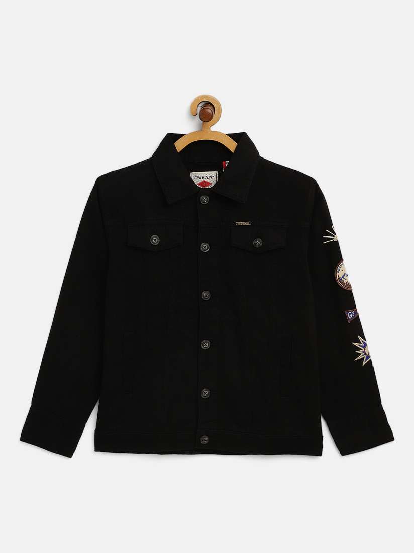 Buy Gini and Jony Boys Black Solid Cotton Denim Jacket with Applique Detail Jackets for Boys 15457540 Myntra
