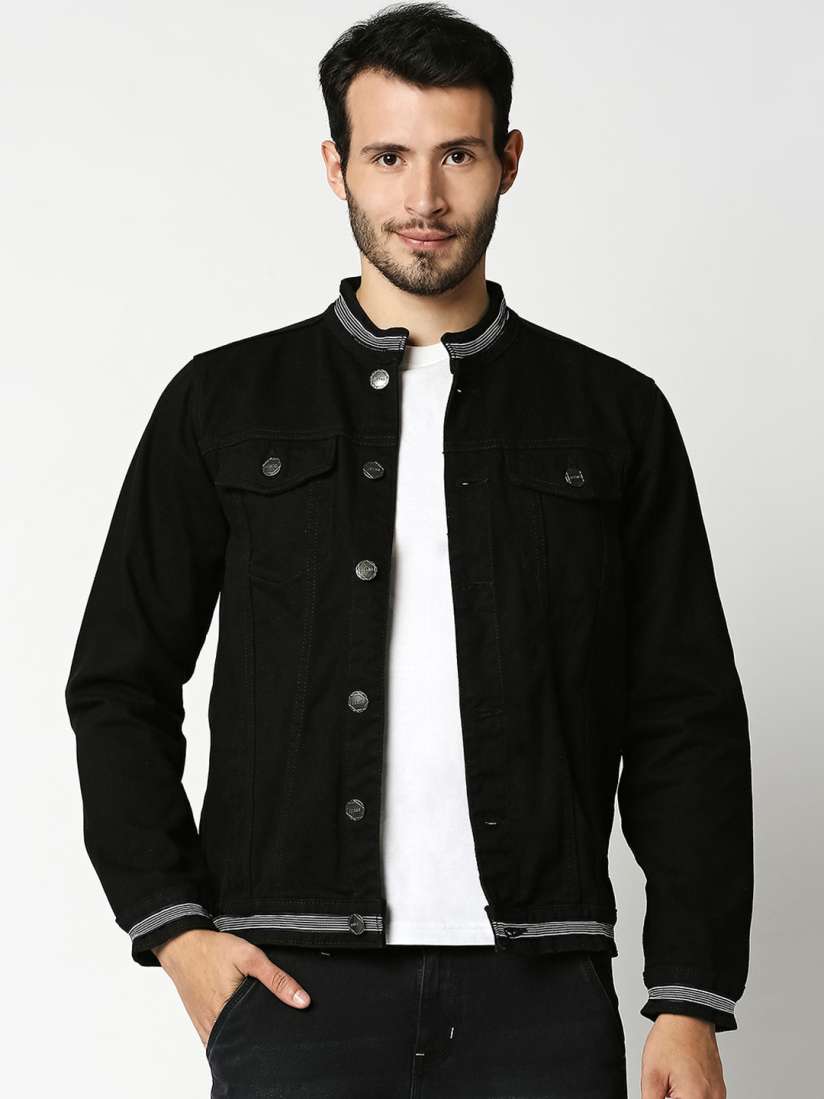Black denim jacket mens myntra on sale