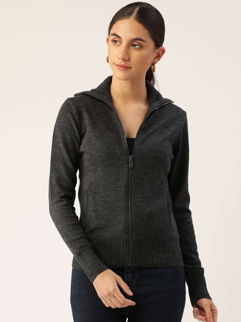 Buy Madame Women Charcoal Grey Solid Front Open Jacket Sweaters for Women 15470786 Myntra