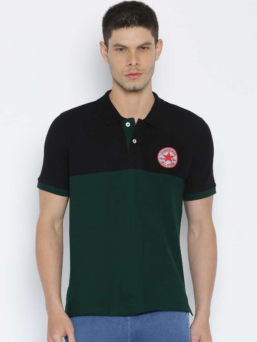 Converse Men Green Black Colourblocked Polo T-shirt