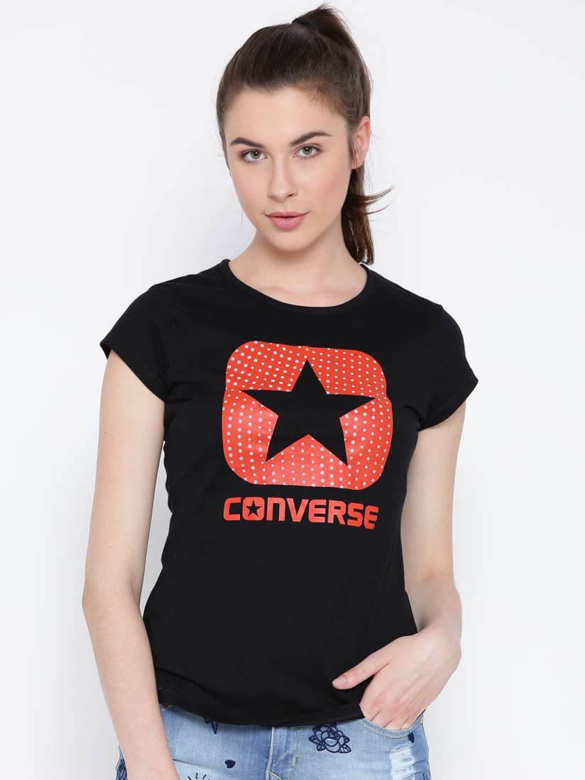 Buy Converse Women Black Printed Round Neck Pure Cotton T shirt Tshirts for Women 1549542 Myntra
