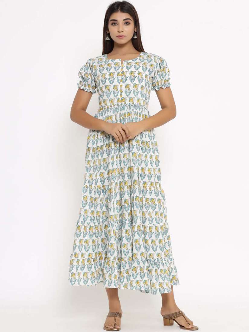 Buy Silai Bunai White Blue Floral Midi Dress Ethnic Dresses for Women 15512476 Myntra