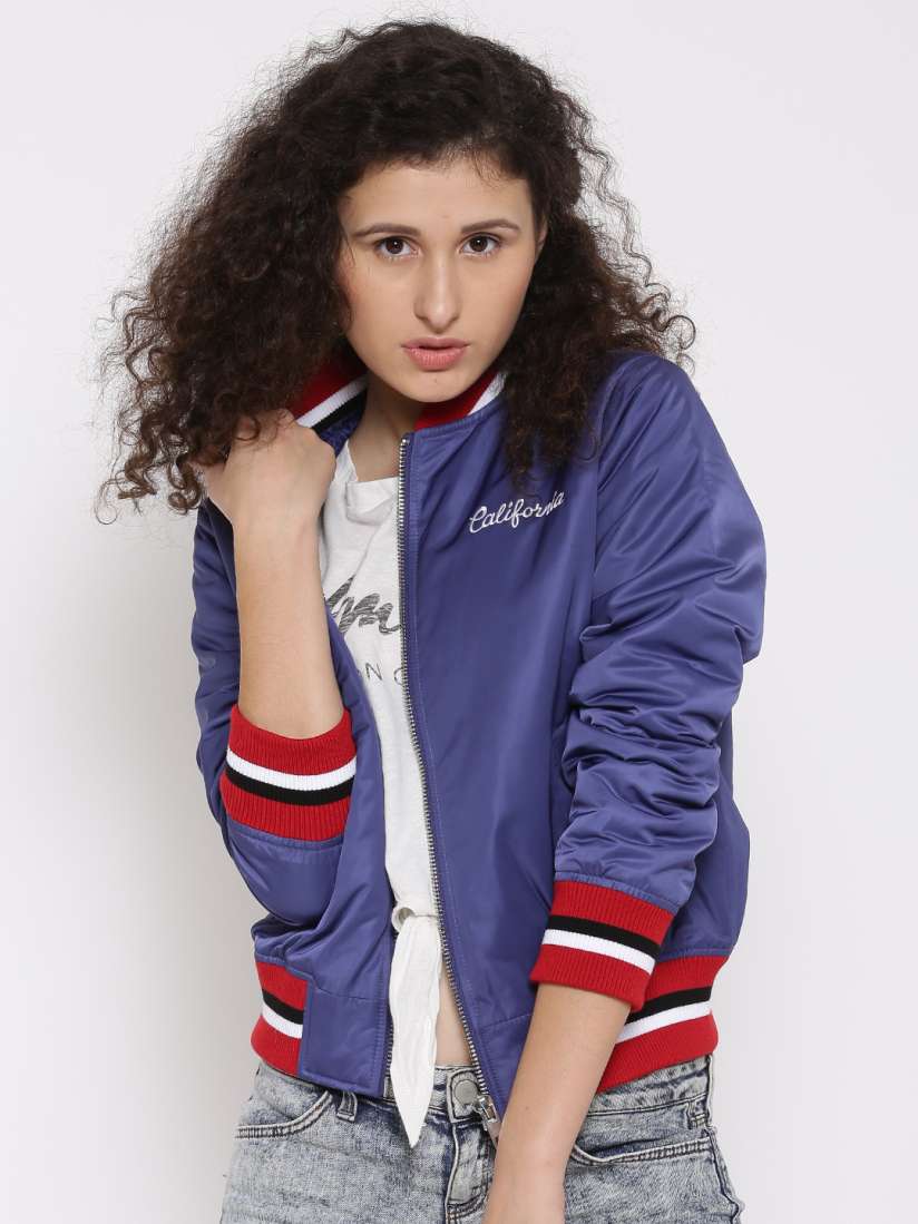 Buy FOREVER 21 Blue Bomber Jacket with Applique Detail Jackets for Women 1552436 Myntra