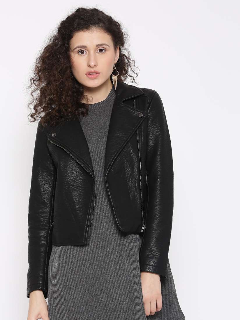 Buy FOREVER 21 Black Faux Leather Biker Jacket Jackets for Women 1552493 Myntra